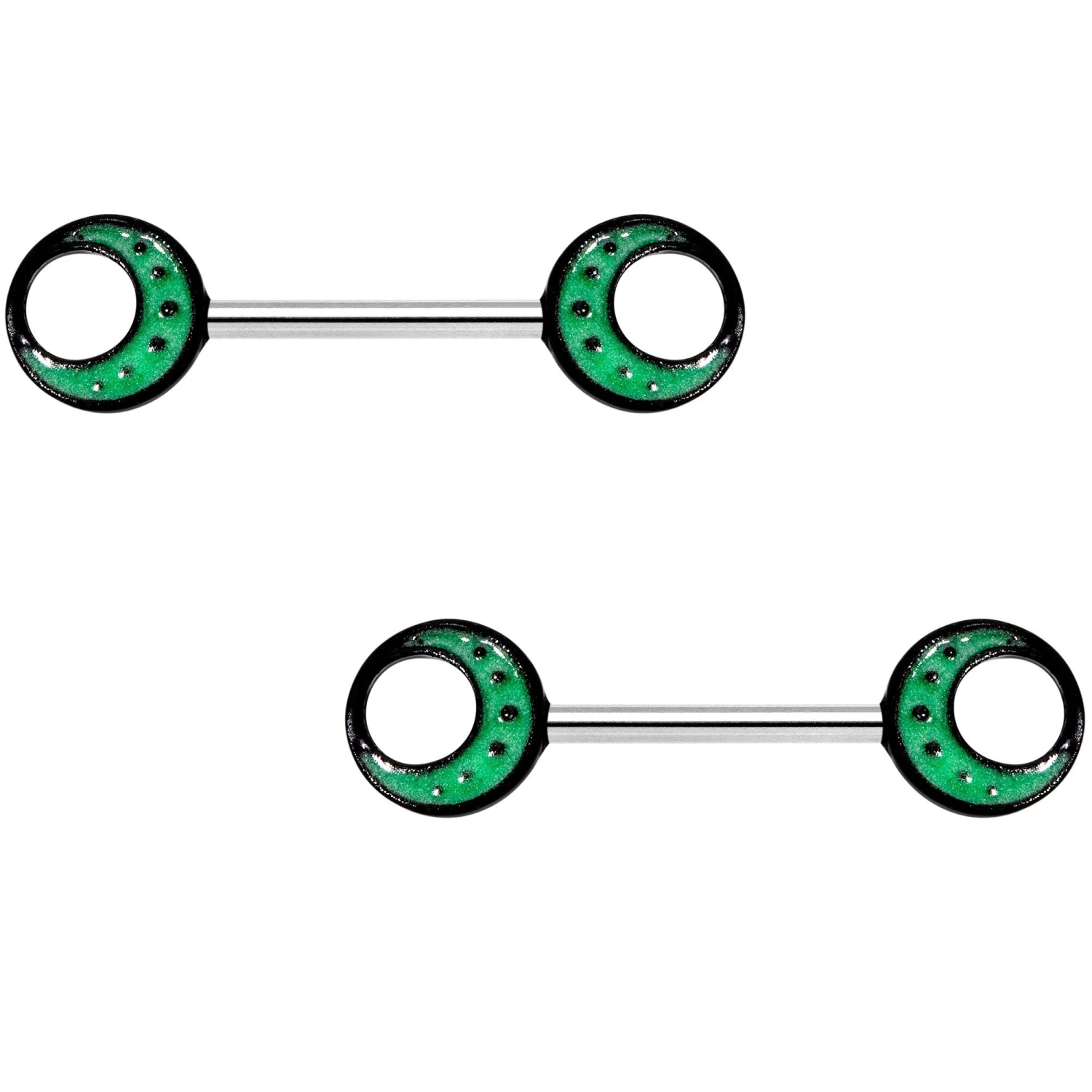 14 Gauge 9/16 Glow In The Dark Green Moon Barbell Nipple Ring Set 1 14 Gauge 9/16 Glow In The Dark Green Moon Barbell Nipple Ring Set