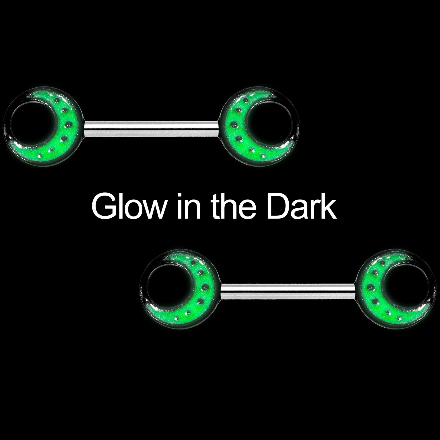 14 Gauge 9/16 Glow In The Dark Green Moon Barbell Nipple Ring Set 3 14 Gauge 9/16 Glow In The Dark Green Moon Barbell Nipple Ring Set - Image 3