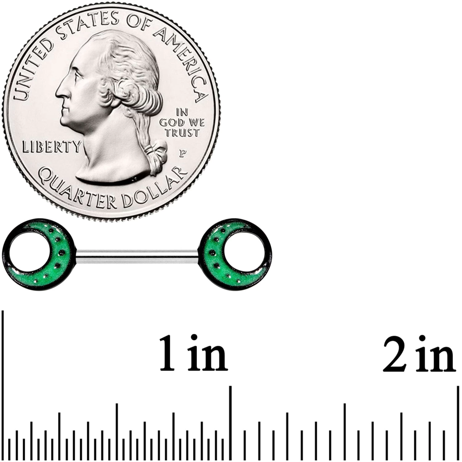 14 Gauge 9/16 Glow In The Dark Green Moon Barbell Nipple Ring Set 4 14 Gauge 9/16 Glow In The Dark Green Moon Barbell Nipple Ring Set - Image 4