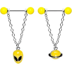 14 Gauge 9/16 Yellow Glow Alien Saturn Dangle Barbell Nipple Ring Set -Body Jewelry Store 65505.otherimage2