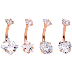 Gaby Clear Gem Rose Gold Hue Round Rhombus Heart Star Belly Ring Set Of 4