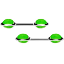 14 Gauge 9/16 Green Glow In The Dark Saturn Barbell Nipple Ring Set