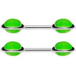 14 Gauge 9/16 Green Glow In The Dark Saturn Barbell Nipple Ring Set -Body Jewelry Store 65576.otherimage2