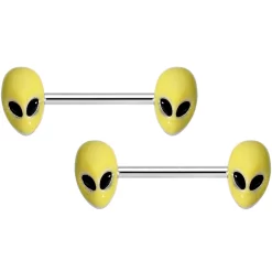 14 Gauge 9/16 Yellow Glow In The Dark Aliens Barbell Nipple Ring Set
