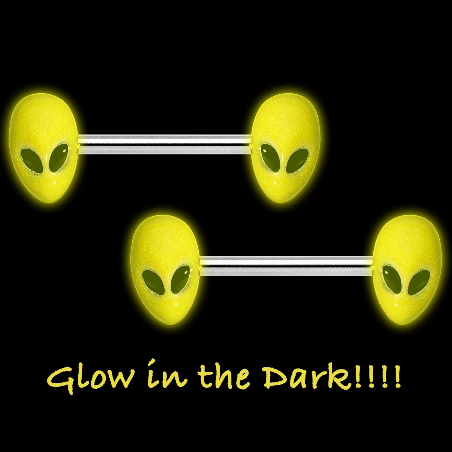 14 Gauge 9/16 Yellow Glow In The Dark Aliens Barbell Nipple Ring Set 2 14 Gauge 9/16 Yellow Glow In The Dark Aliens Barbell Nipple Ring Set - Image 2