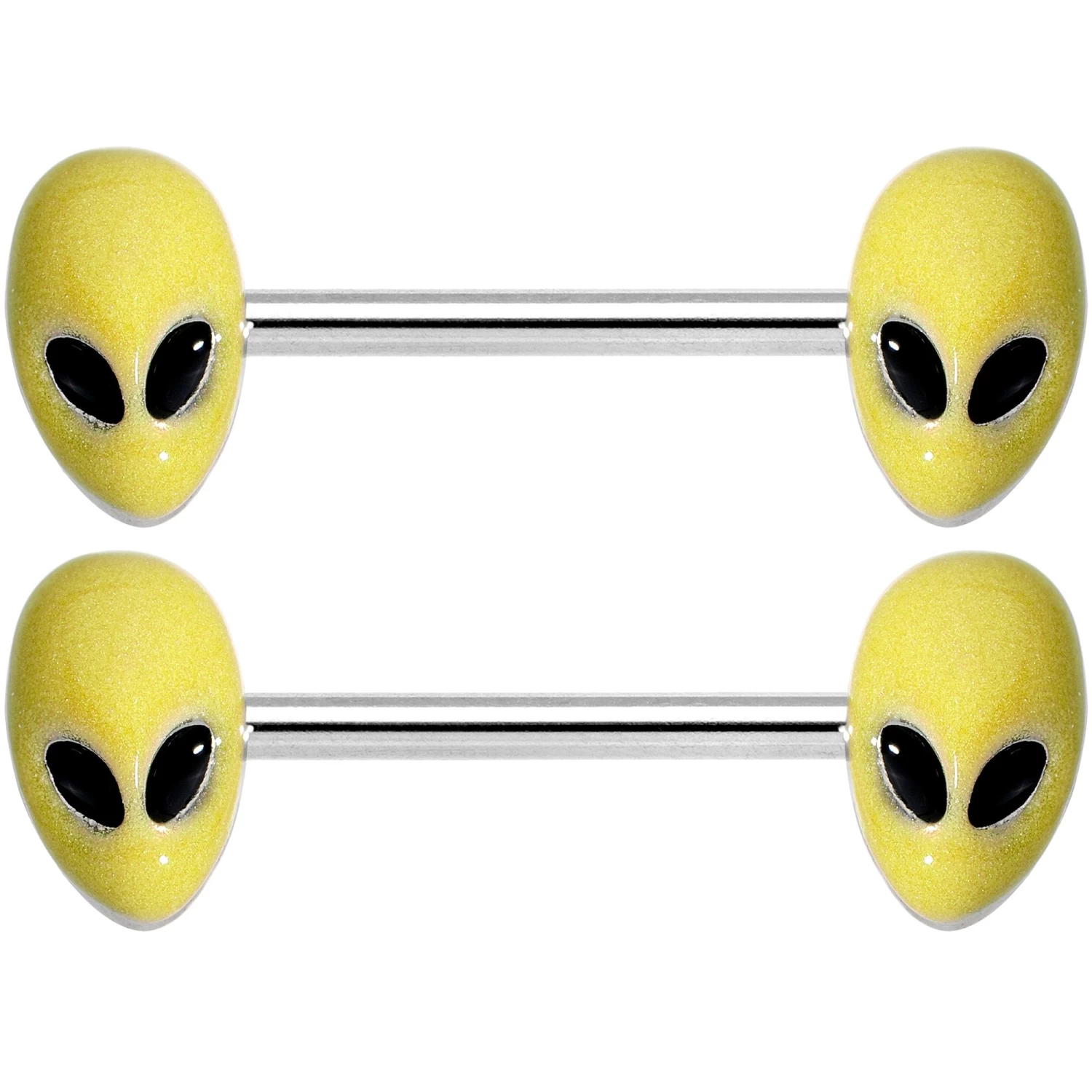 14 Gauge 9/16 Yellow Glow In The Dark Aliens Barbell Nipple Ring Set 3 14 Gauge 9/16 Yellow Glow In The Dark Aliens Barbell Nipple Ring Set - Image 3