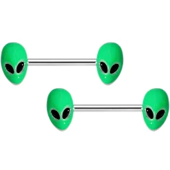 14 Gauge 9/16 Green Glow In The Dark Aliens Barbell Nipple Ring Set