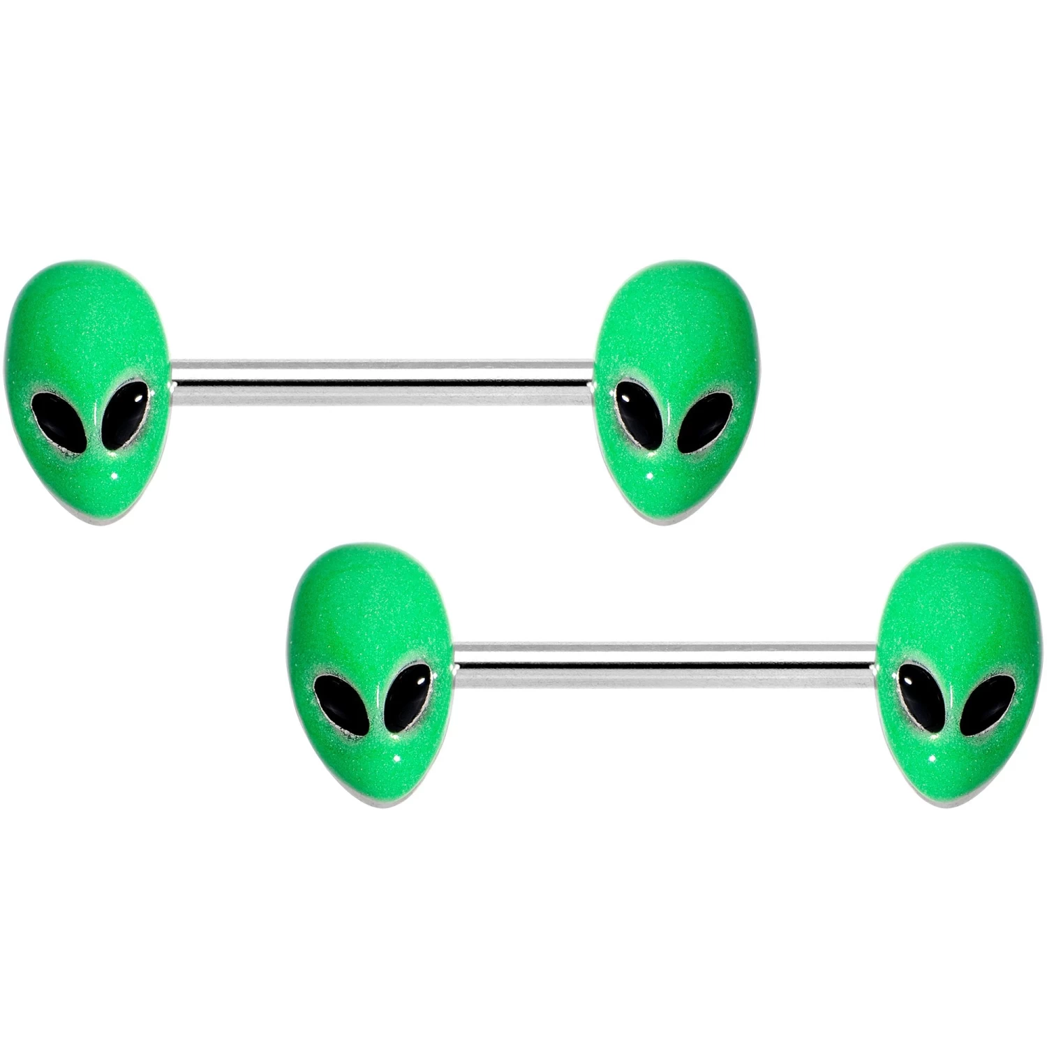 14 Gauge 9/16 Green Glow In The Dark Aliens Barbell Nipple Ring Set 1 14 Gauge 9/16 Green Glow In The Dark Aliens Barbell Nipple Ring Set