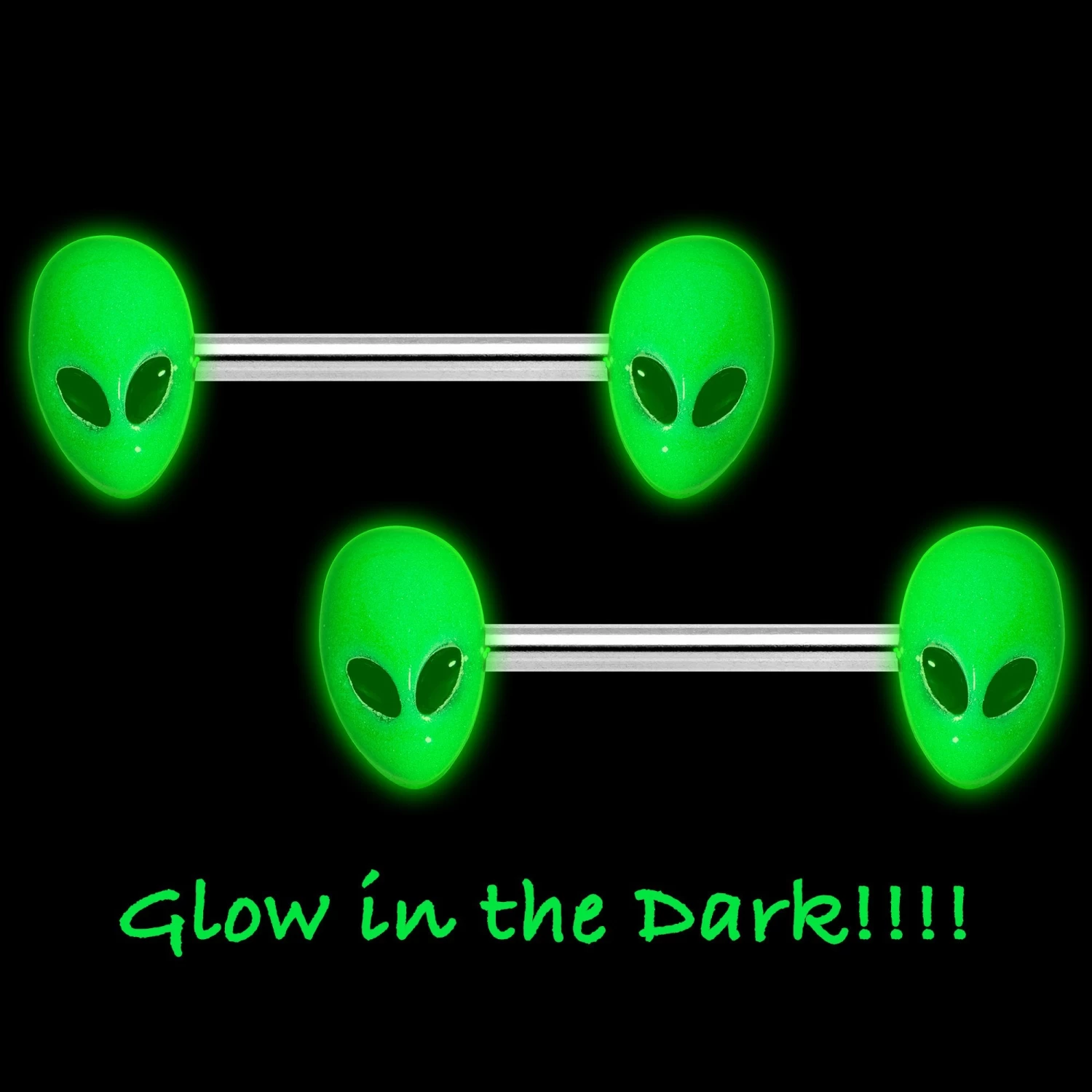 14 Gauge 9/16 Green Glow In The Dark Aliens Barbell Nipple Ring Set 2 14 Gauge 9/16 Green Glow In The Dark Aliens Barbell Nipple Ring Set - Image 2