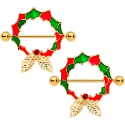Gaby 14 Gauge 25mm Red Gem Gold Tone Happy Holiday Wreath Nipple Shield Set