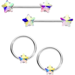 Gaby 14 Gauge 9/16 1/2 Aurora Star Gem BCR Barbell Nipple Ring Set