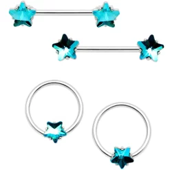 Gaby 14 Gauge 9/16 1/2 Blue Star Gem BCR Barbell Nipple Ring Set