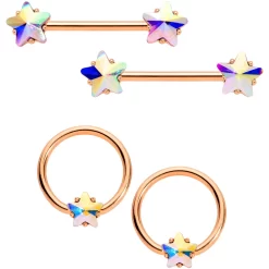 Gaby 14 Gauge Aurora Star Gem Rose Gold Tone BCR Barbell Nipple Ring Set