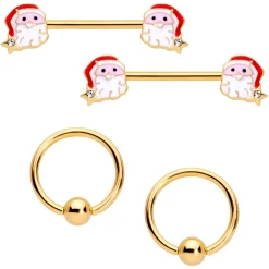 Gaby 14 Gauge 1/2 Gold Tone Santa Captive Barbell Nipple Ring Set Of 4