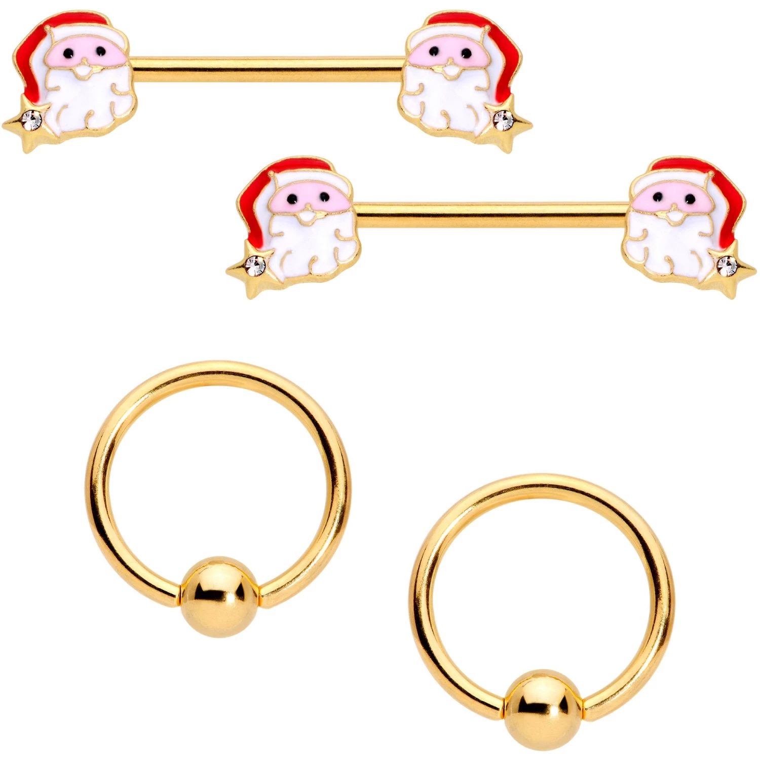 Gaby 14 Gauge 1/2 Gold Tone Santa Captive Barbell Nipple Ring Set Of 4 1 Gaby 14 Gauge 1/2 Gold Tone Santa Captive Barbell Nipple Ring Set Of 4