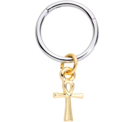 16 Gauge 3/8 Gold Tone Egyptian Ankh Hinged Dangle Segment Ring