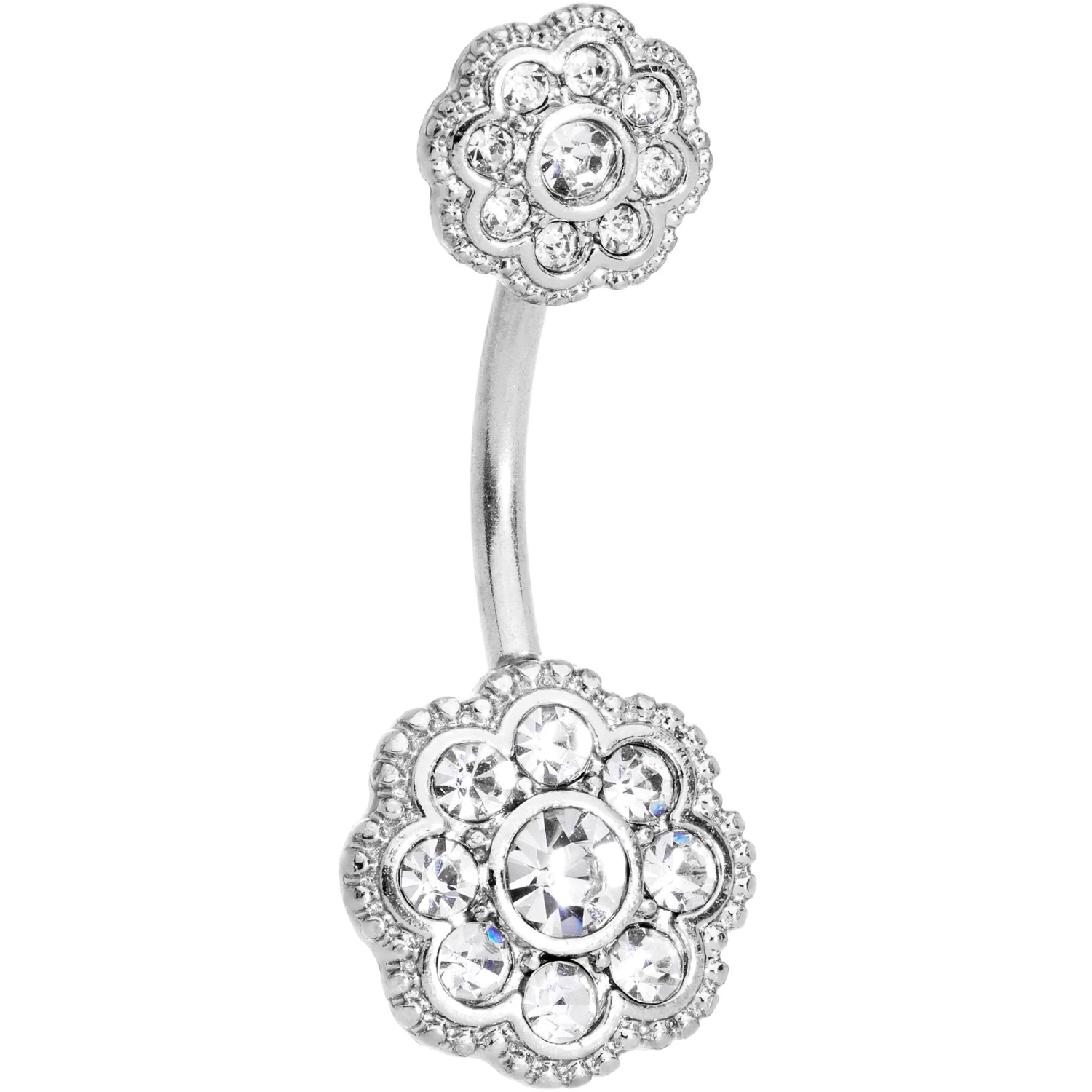 Clear CZ Gem Art Deco Flower Double Mount Belly Ring 1 Clear CZ Gem Art Deco Flower Double Mount Belly Ring