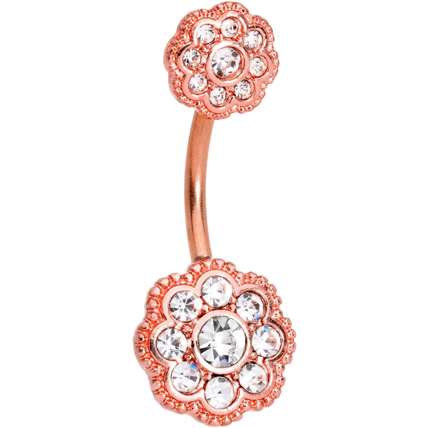 Clear CZ Gem Rose Gold Tone Art Deco Flower Double Mount Belly Ring 1 Clear CZ Gem Rose Gold Tone Art Deco Flower Double Mount Belly Ring