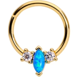16 Gauge 3/8 Blue Synthetic Opal Glamour Gold Tone Hinged Segment Ring