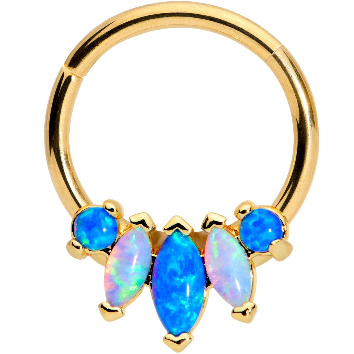 16 Gauge 3/8 Blue White Synthetic Opal Gold Tone Hinged Segment Ring 1 16 Gauge 3/8 Blue White Synthetic Opal Gold Tone Hinged Segment Ring