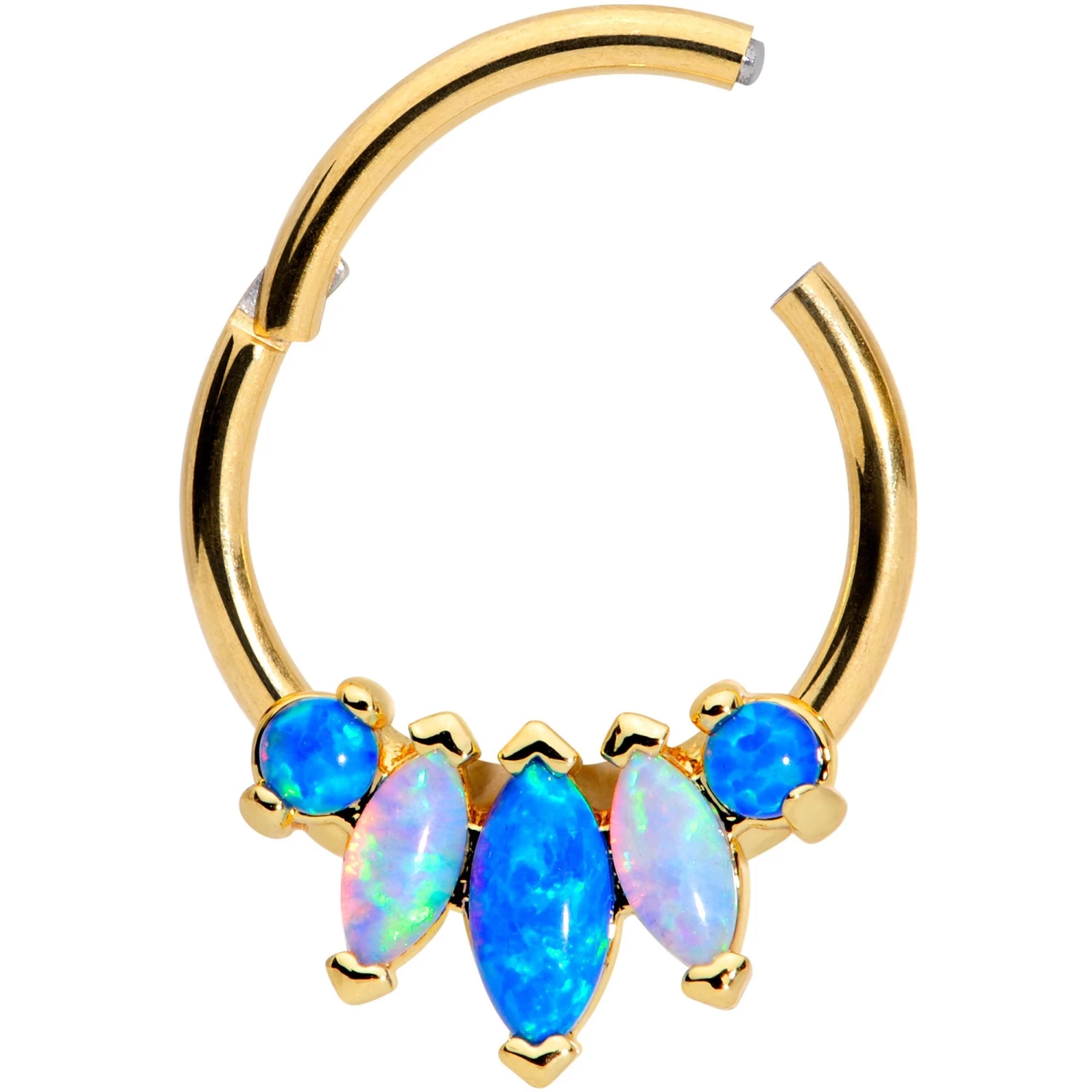 16 Gauge 3/8 Blue White Synthetic Opal Gold Tone Hinged Segment Ring 2 16 Gauge 3/8 Blue White Synthetic Opal Gold Tone Hinged Segment Ring - Image 2