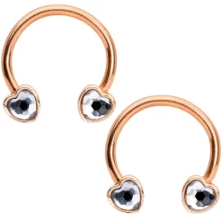 Gaby 14 Gauge 9/16 Clear Gem Rose Gold Tone Heart Horseshoe Nipple Ring Set