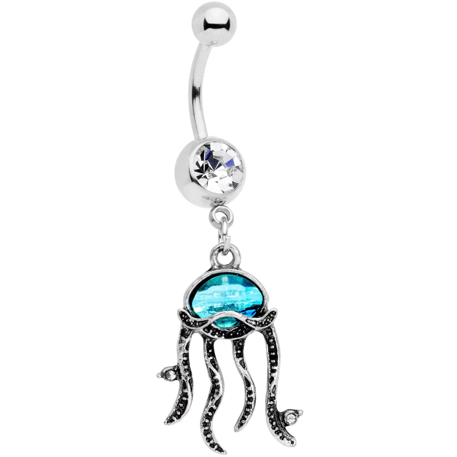 Clear Blue Gem Nautical Jaunty Jellyfish Dangle Belly Ring 1 Clear Blue Gem Nautical Jaunty Jellyfish Dangle Belly Ring