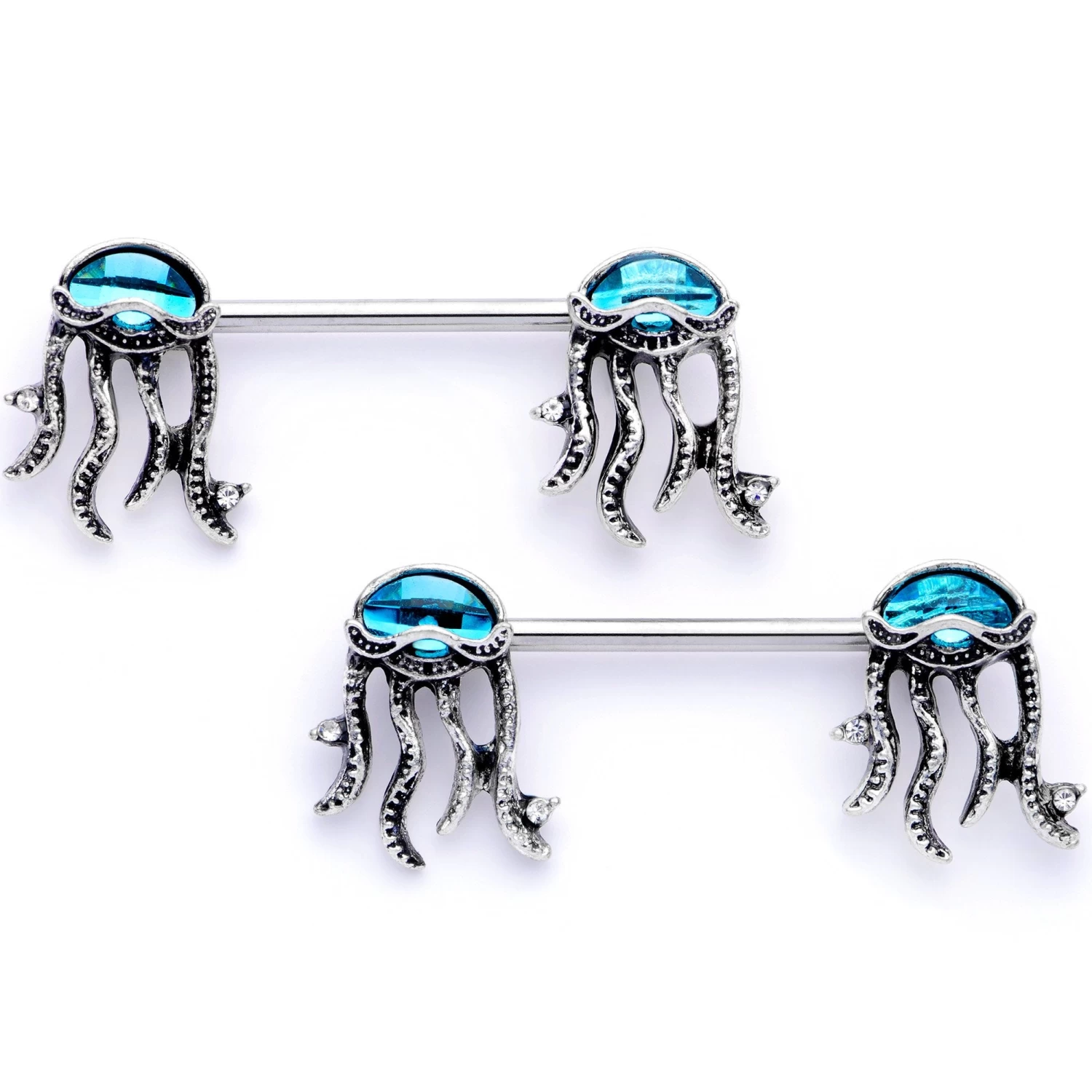 14 Gauge 9/16 Clear Blue Gem Jellyfish Barbell Nipple Ring Set 1 14 Gauge 9/16 Clear Blue Gem Jellyfish Barbell Nipple Ring Set