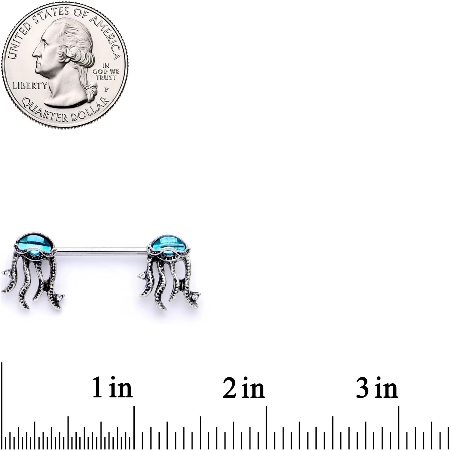 14 Gauge 9/16 Clear Blue Gem Jellyfish Barbell Nipple Ring Set 2 14 Gauge 9/16 Clear Blue Gem Jellyfish Barbell Nipple Ring Set - Image 2