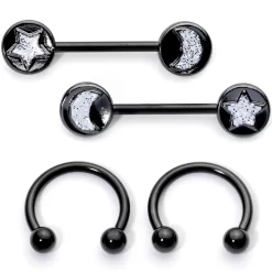 Gaby 14 Gauge 9/16 1/2 Black Moon Star Horseshoe Barbell Nipple Ring Set