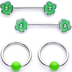 Gaby 14 Gauge 9/16 1/2 Green Flower BCR Barbell Nipple Ring Set