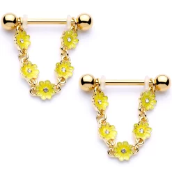 Gaby 9/16 Clear Gem Gold Tone Yellow Glow Flower Nipple Ring Set