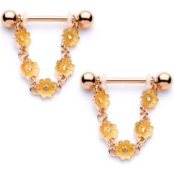 Gaby 9/16 Clear Gem Rose Gold Tone Orange Glow Flower Nipple Ring Set