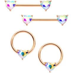 Gaby 14 Gauge Aurora Gem Rose Gold Tone Heart BCR Barbell Nipple Ring Set