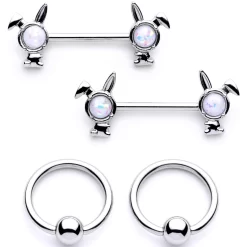 Gaby 14 Gauge 9/16 1/2 White Faux Opal Bunny BCR Barbell Nipple Ring Set