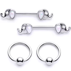 Gaby 14 Gauge White Faux Opal Elephant BCR Barbell Nipple Ring Set Of 4
