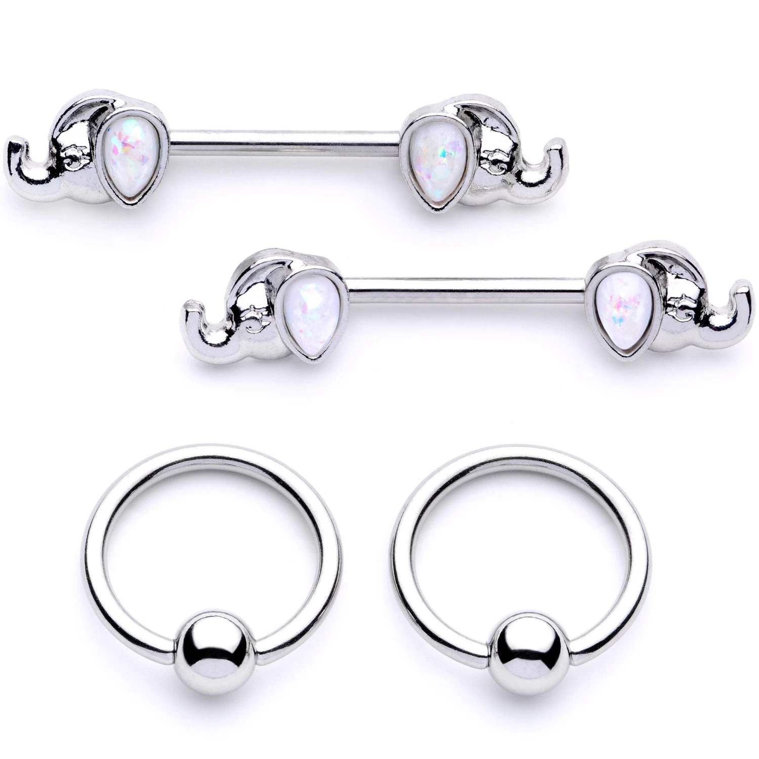 Gaby 14 Gauge White Faux Opal Elephant BCR Barbell Nipple Ring Set Of 4 1 Gaby 14 Gauge White Faux Opal Elephant BCR Barbell Nipple Ring Set Of 4