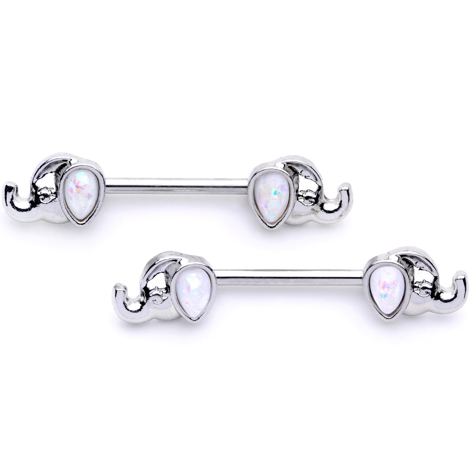 Gaby 14 Gauge White Faux Opal Elephant BCR Barbell Nipple Ring Set Of 4 3 Gaby 14 Gauge White Faux Opal Elephant BCR Barbell Nipple Ring Set Of 4 - Image 3