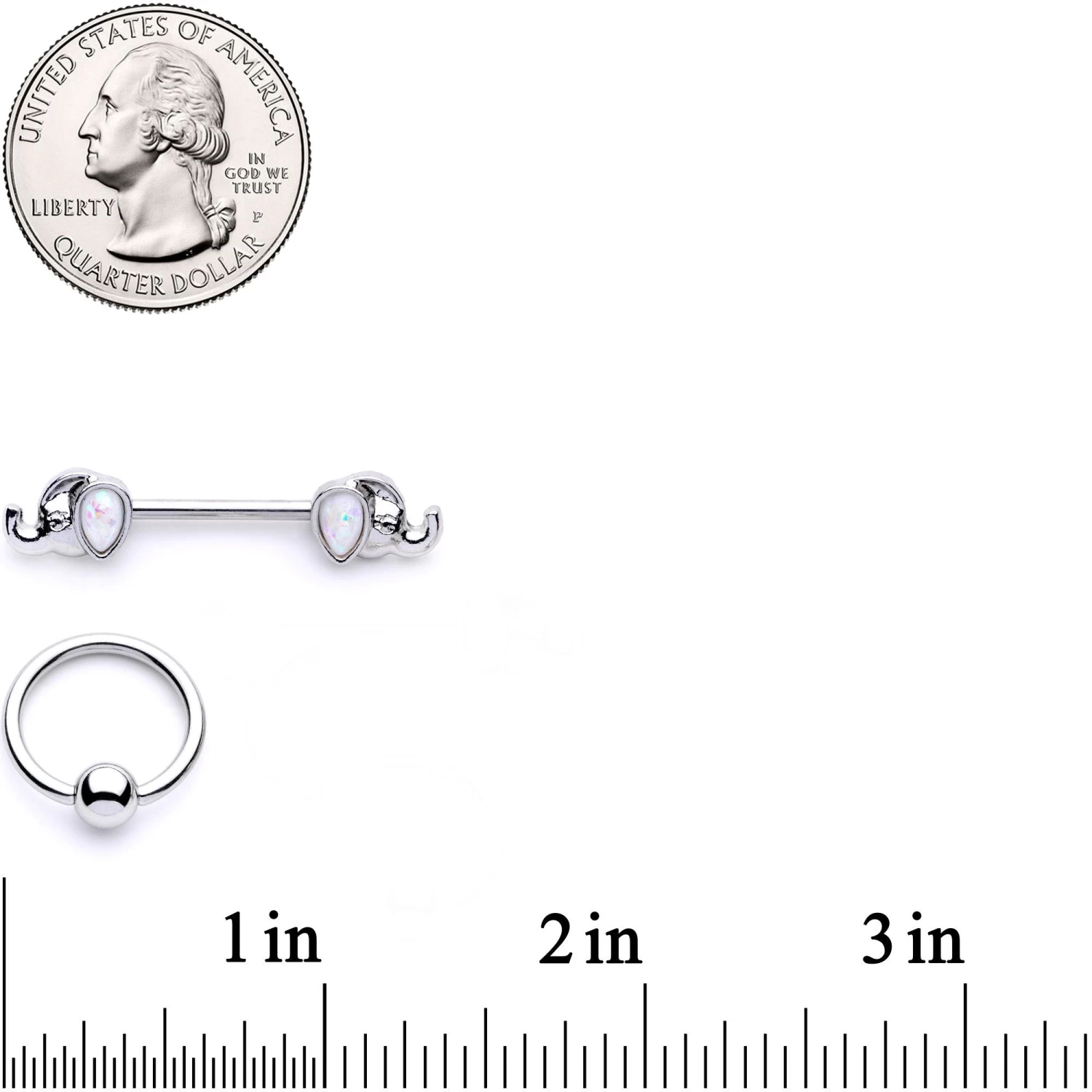 Gaby 14 Gauge White Faux Opal Elephant BCR Barbell Nipple Ring Set Of 4 5 Gaby 14 Gauge White Faux Opal Elephant BCR Barbell Nipple Ring Set Of 4 - Image 5