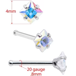 20 Gauge 1/4 Aurora Gem Square Multi Size Nose Bone Set Of 6 -Body Jewelry Store 66063.otherimage2