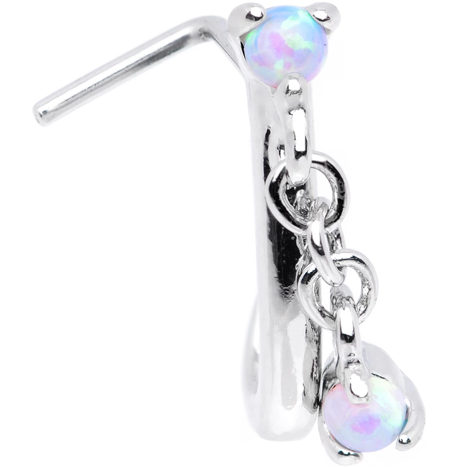 20 Gauge 3/16 White Synthetic Opal Dangle Faux Hoop L Shape Nose Ring 2 20 Gauge 3/16 White Synthetic Opal Dangle Faux Hoop L Shape Nose Ring - Image 2