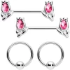 Gaby 14 Gauge 7/16 1/2 Pink Gem Flowers BCR Barbell Nipple Ring Set Of 4