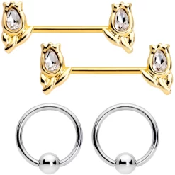 Gaby 14 Gauge Clear Gem Gold Tone Flowers BCR Barbell Nipple Ring Set