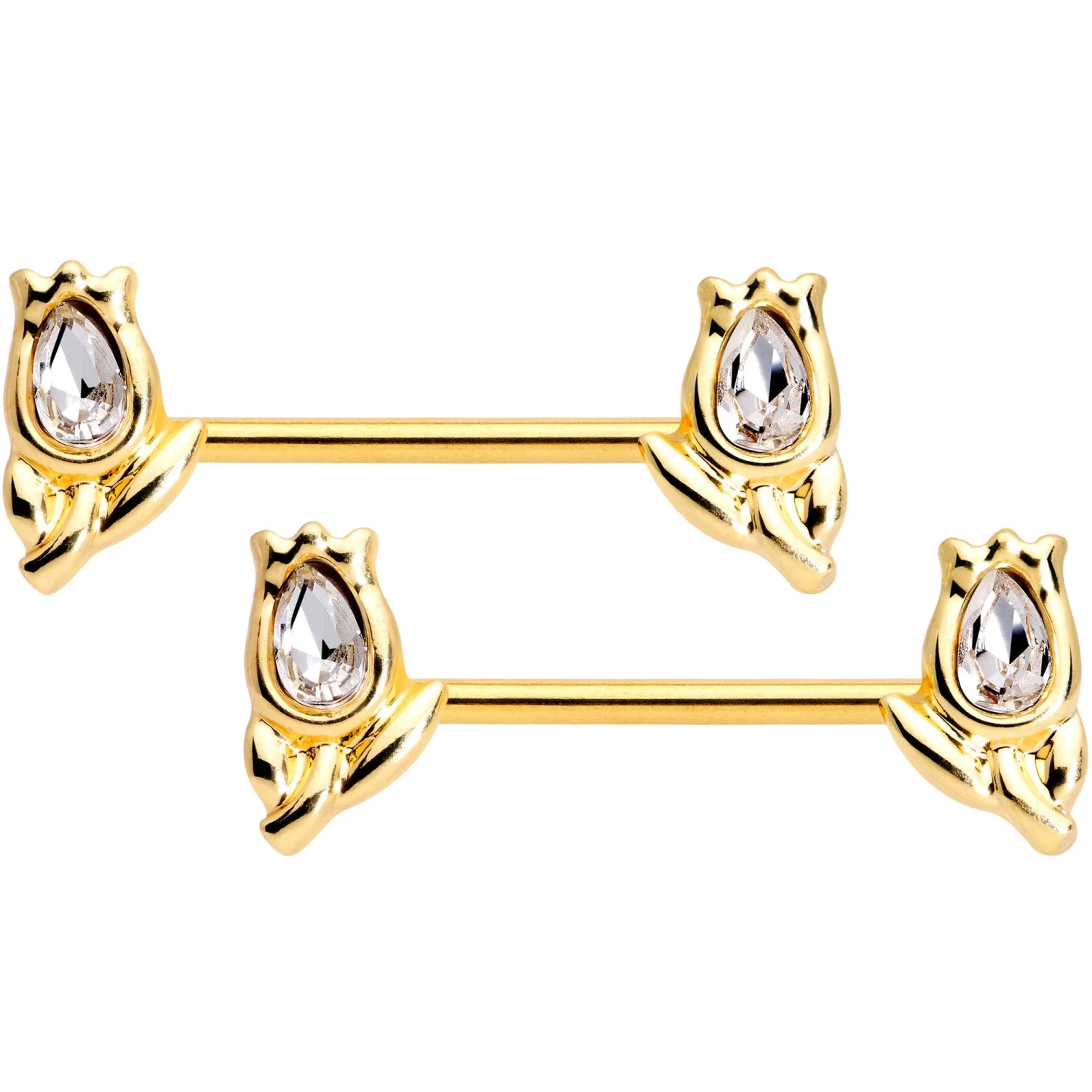 Gaby 14 Gauge Clear Gem Gold Tone Flowers BCR Barbell Nipple Ring Set 2 Gaby 14 Gauge Clear Gem Gold Tone Flowers BCR Barbell Nipple Ring Set - Image 2