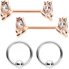 Gaby 14 Gauge Clear Gem Rose Gold Tone Flowers BCR Barbell Nipple Ring Set
