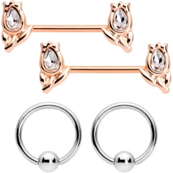 Gaby 14 Gauge Clear Gem Rose Gold Tone Flowers BCR Barbell Nipple Ring Set