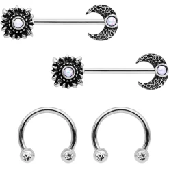 Gaby 14 Gauge 9/16 Clear Gem Sun Moon Horseshoe Barbell Nipple Ring Set