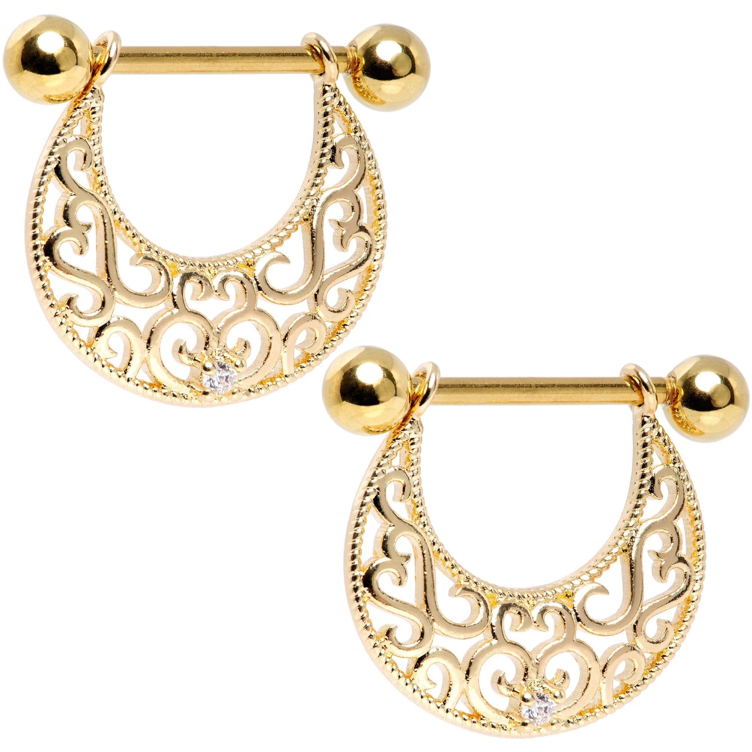 14 Gauge 9/16 Clear CZ Gem Gold Tone Abstract Heart Nipple Shield Set 1 14 Gauge 9/16 Clear CZ Gem Gold Tone Abstract Heart Nipple Shield Set