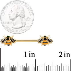 14 Gauge 9/16 Black Gem Gold Tone Bumblebees Barbell Nipple Ring Set -Body Jewelry Store 66389.otherimage1