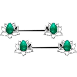 14 Gauge 9/16 Green Faux Opal Lotus Flower Barbell Nipple Ring Set